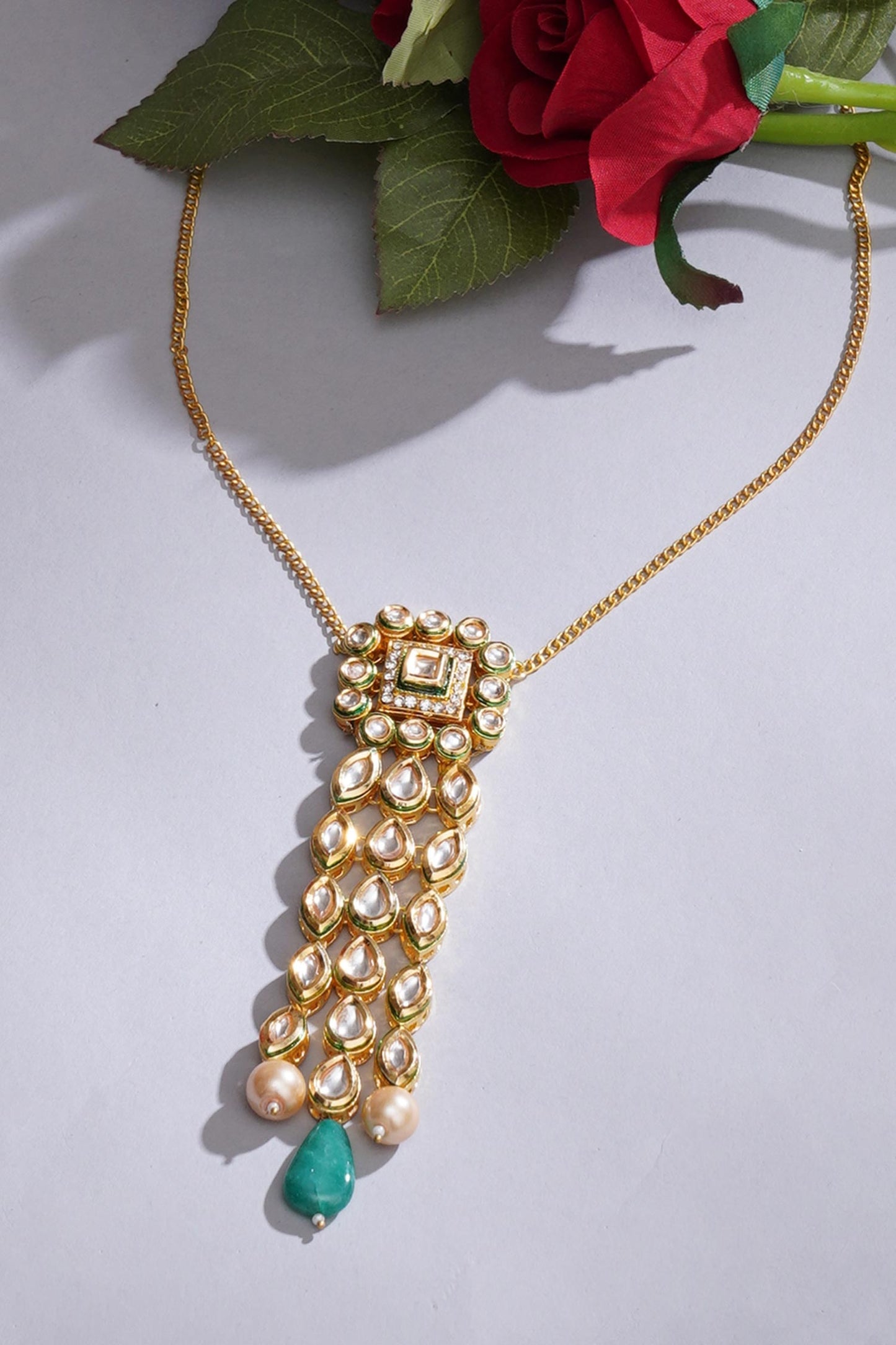 Kundan & Bead Drop Embellished Long Pendant Necklace 
