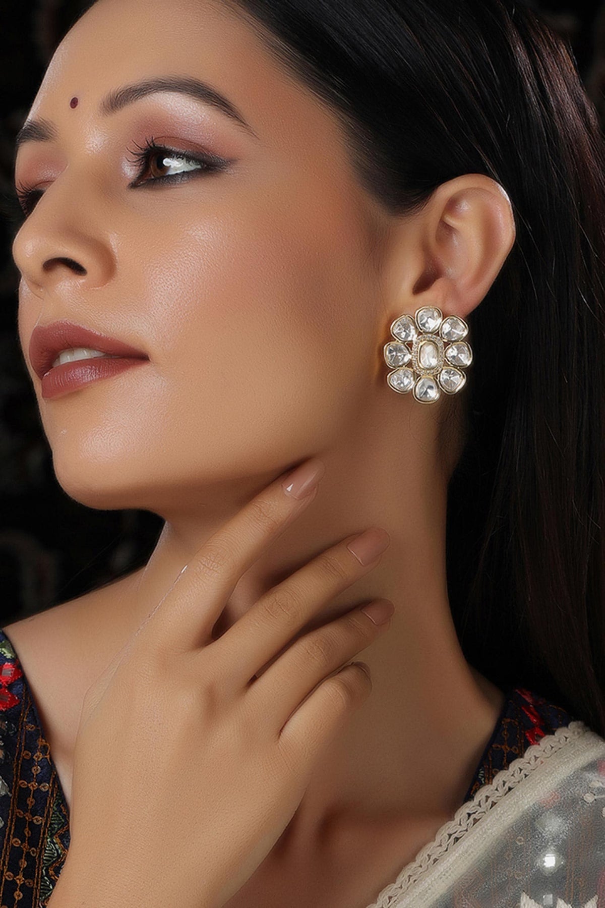 Floral Round Kundan Embellished Studs 