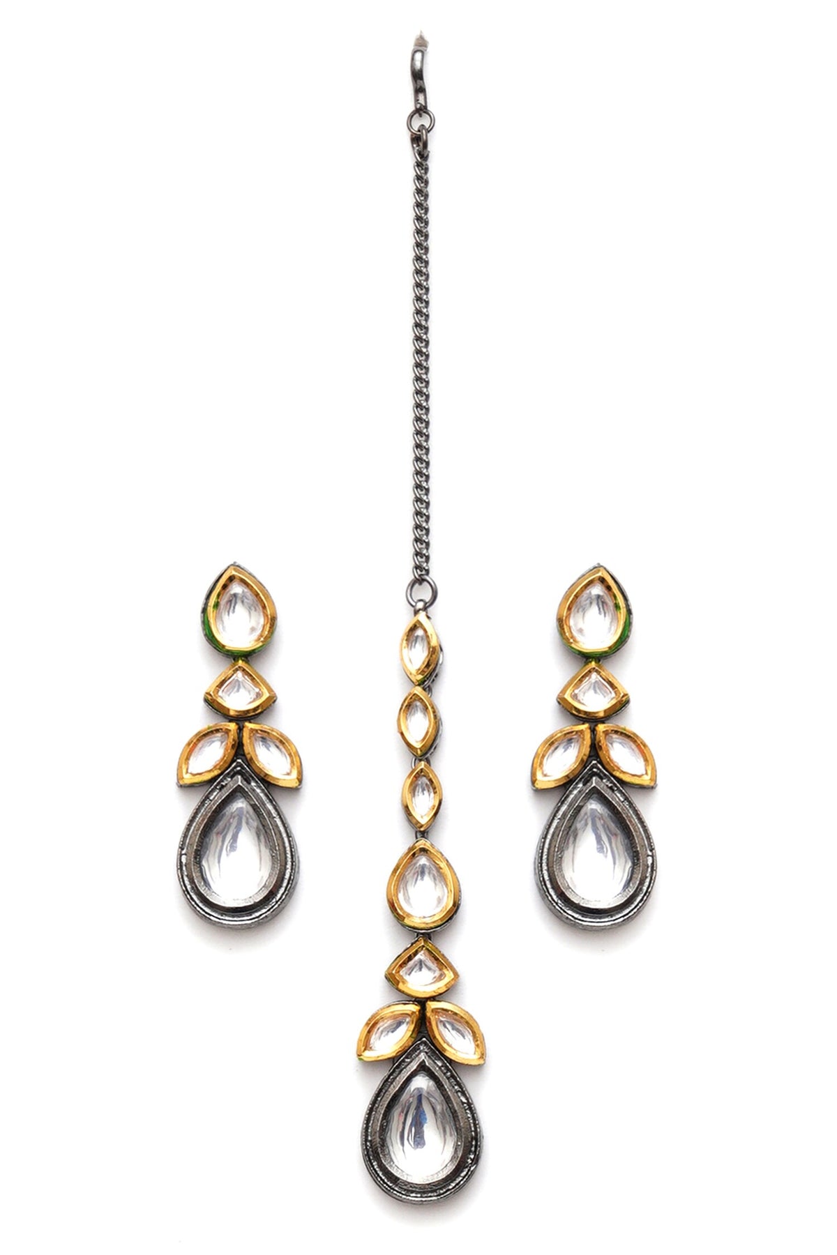 Dual Toned Kundan Drop Maangtikka With Earrings 