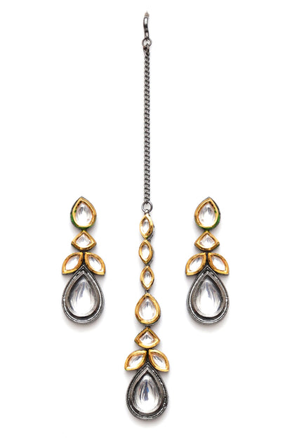 Dual Toned Kundan Drop Maangtikka With Earrings 