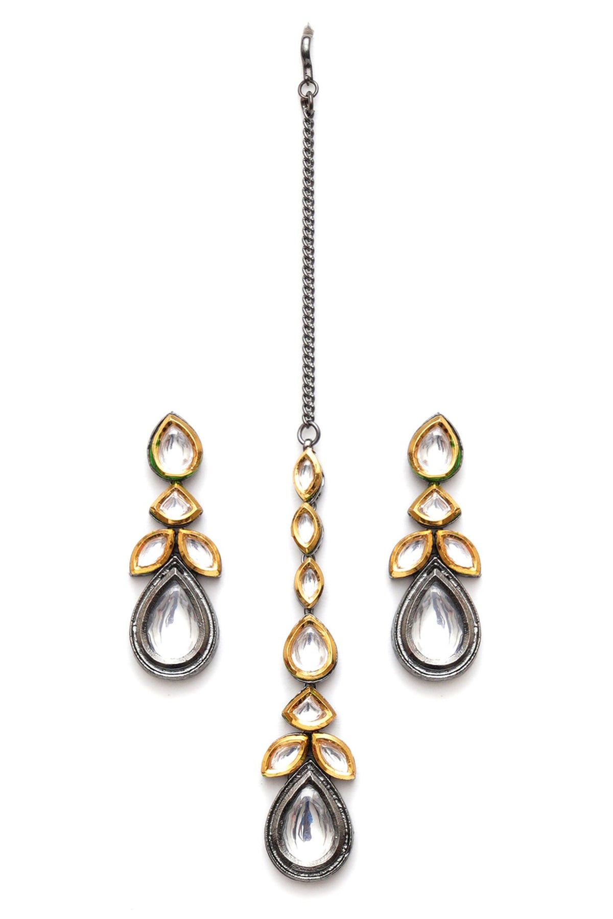 Dual Toned Kundan Drop Maangtikka With Earrings 