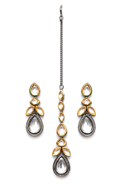 Dual Toned Kundan Drop Maangtikka With Earrings 