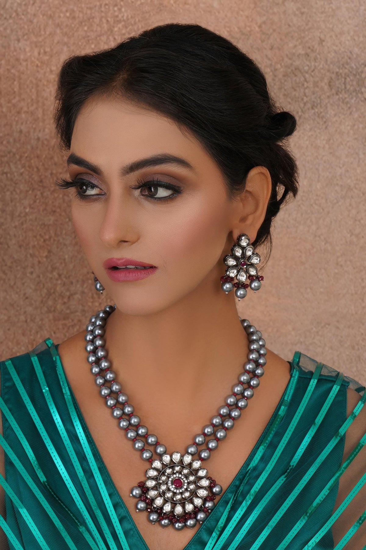 Phool Kundan Long Necklace With Earrings 