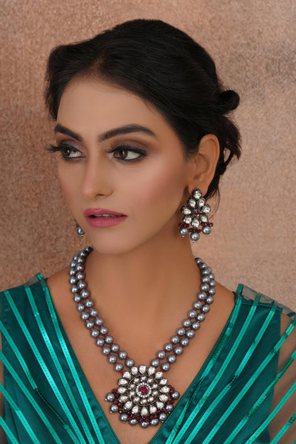 Phool Kundan Long Necklace With Earrings 