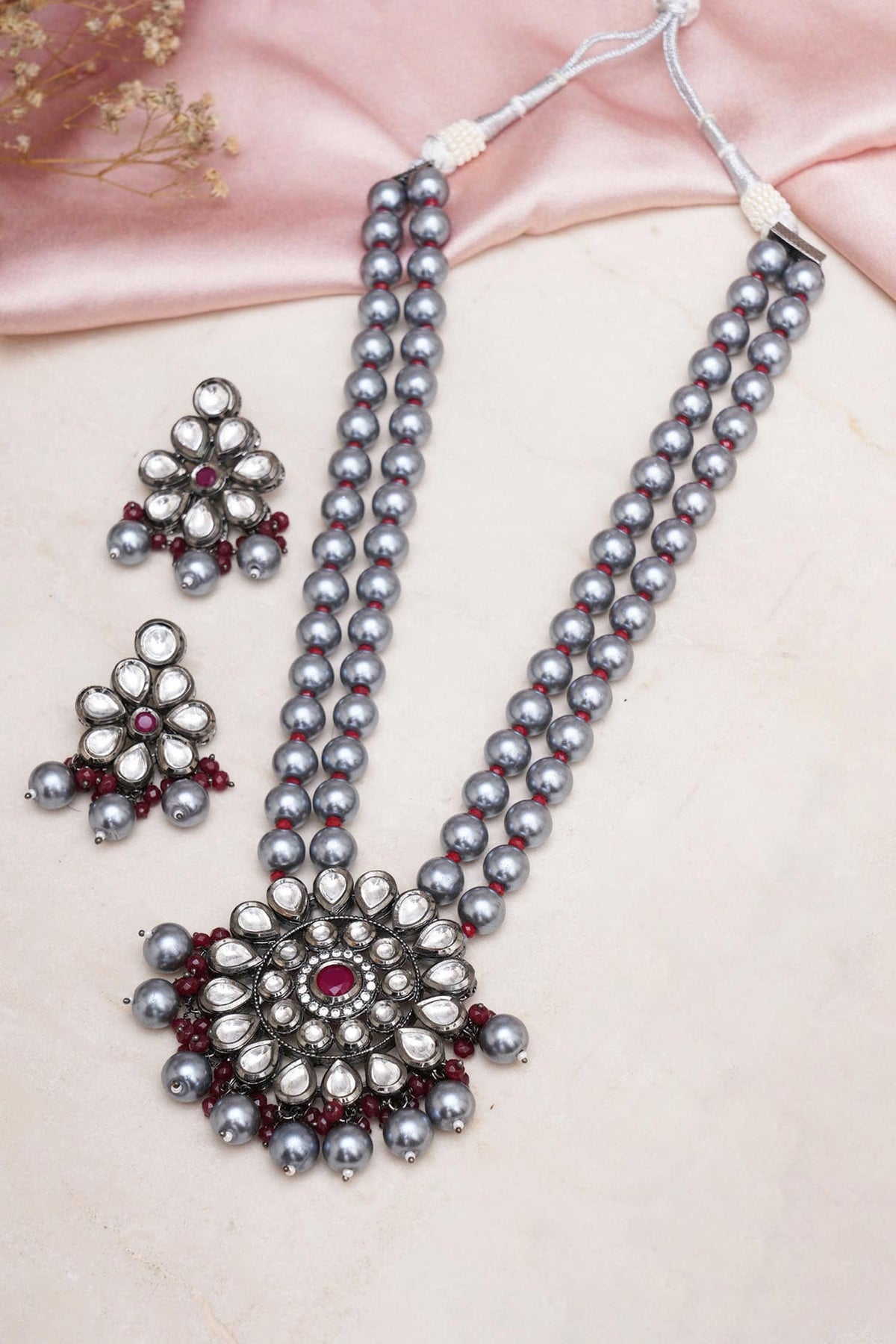 Phool Kundan Long Necklace With Earrings 