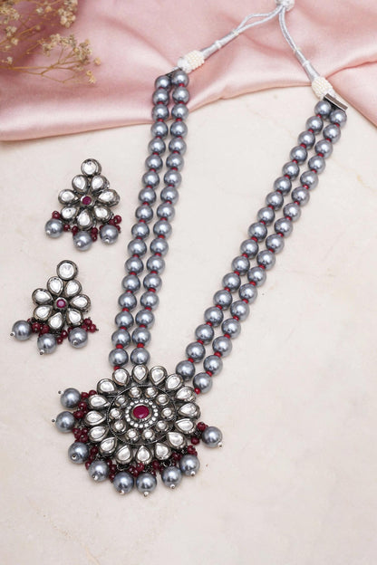 Phool Kundan Long Necklace With Earrings 