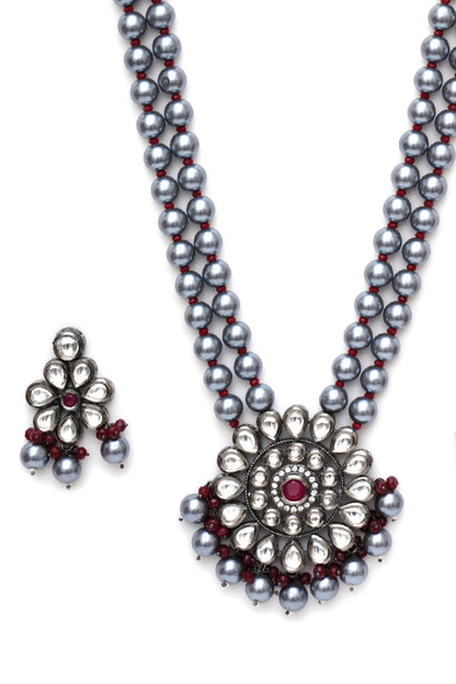 Phool Kundan Long Necklace With Earrings 