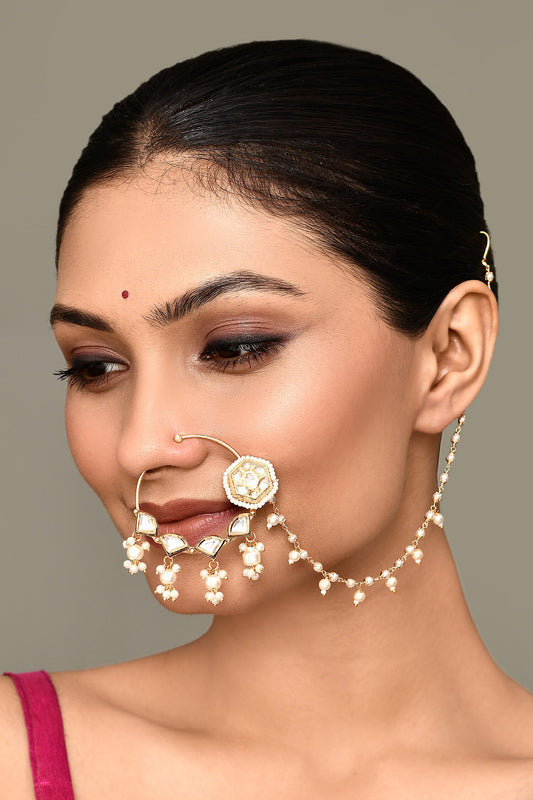 Kundan Work Hexagon Carved Nose Ring 