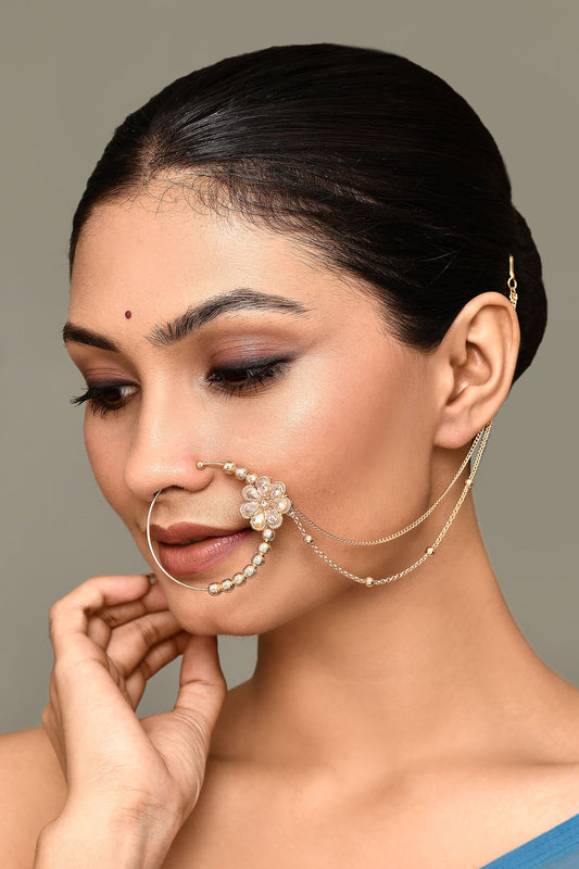 Kundan Work Flower Carved Nose Ring 
