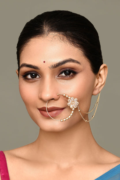 Kundan Work Flower Carved Nose Ring 