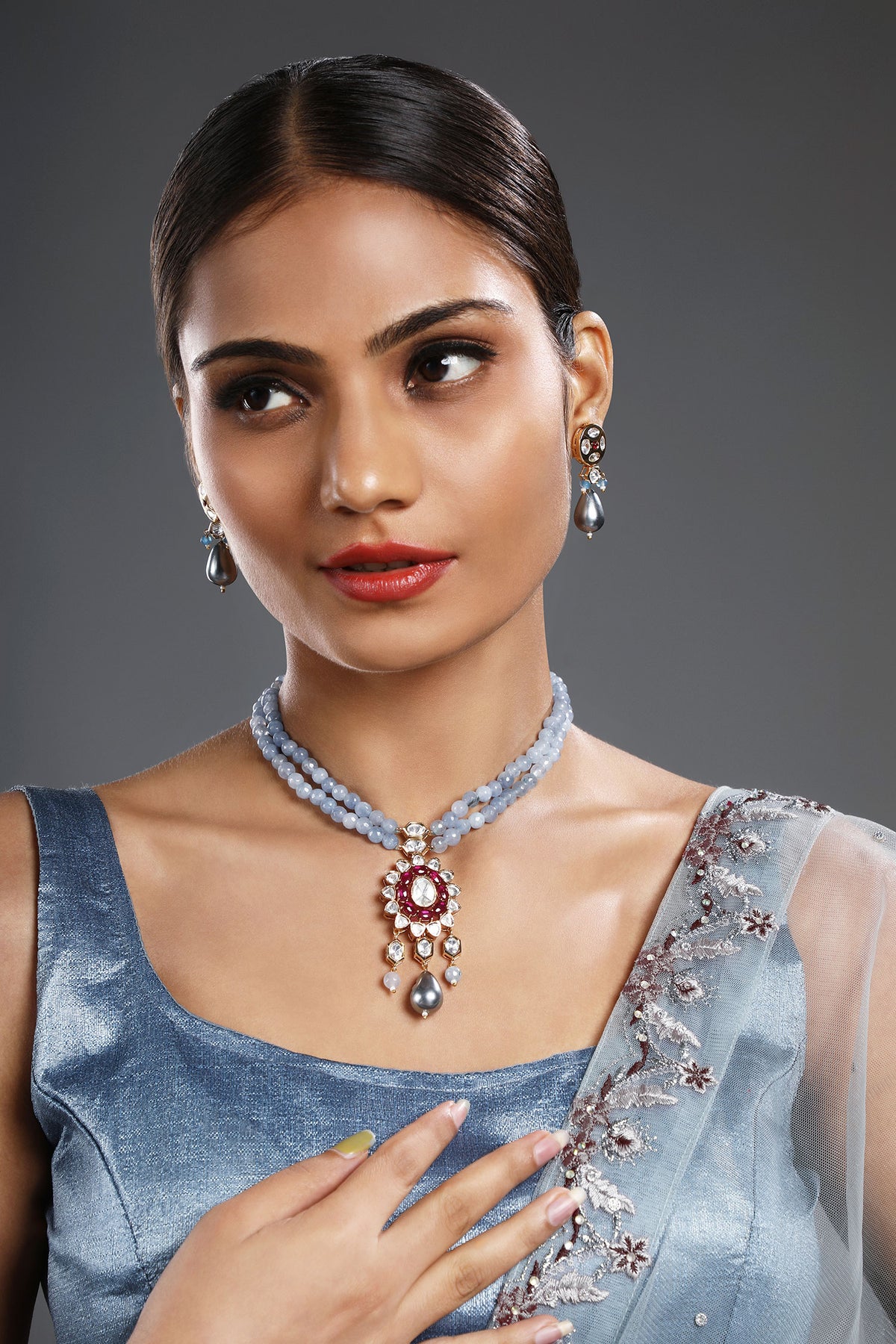 Agate Embellished Pendant Choker Necklace Set 