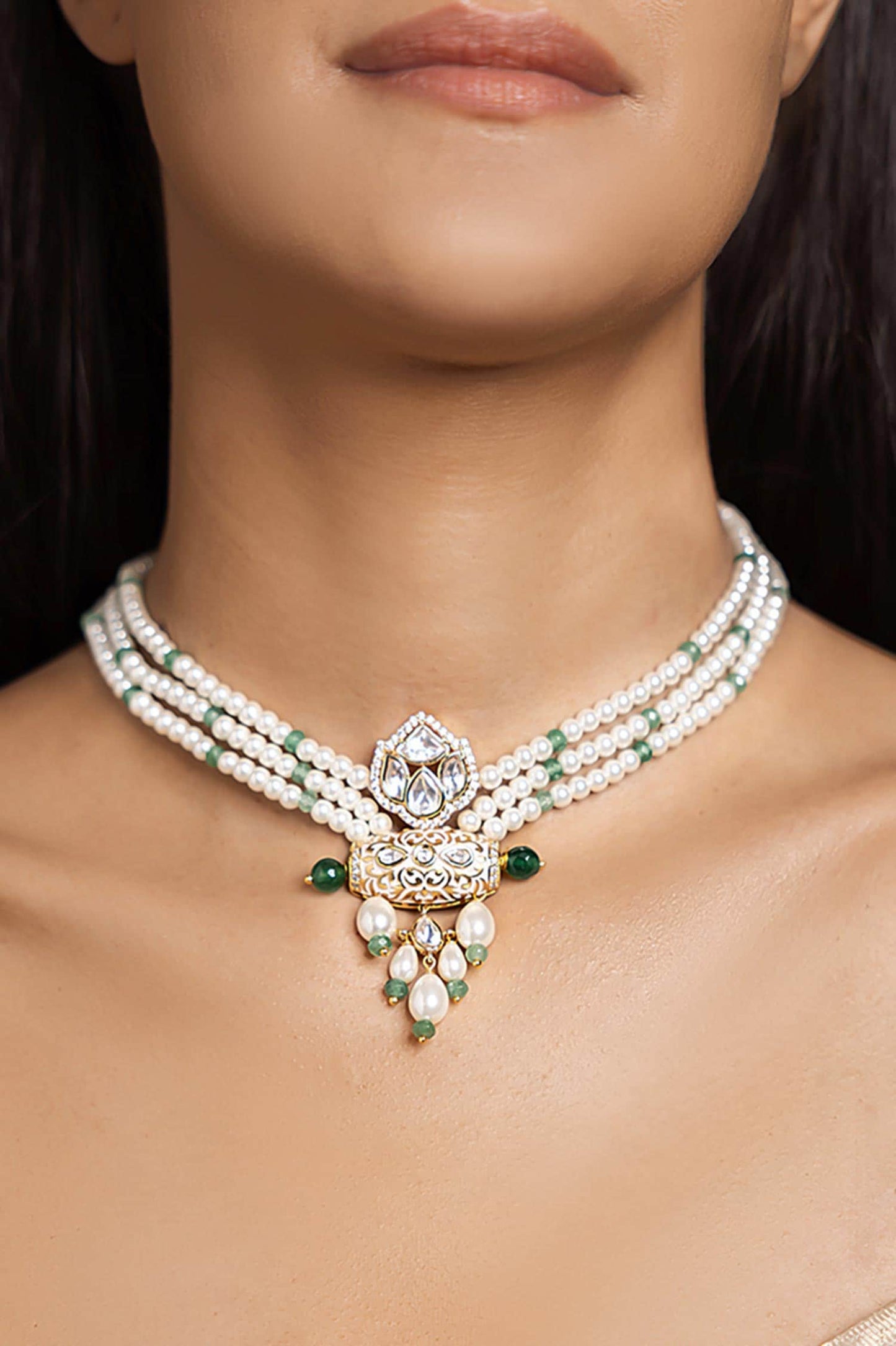 Pristine Pearl Multi Strand Embellished Choker Necklace 