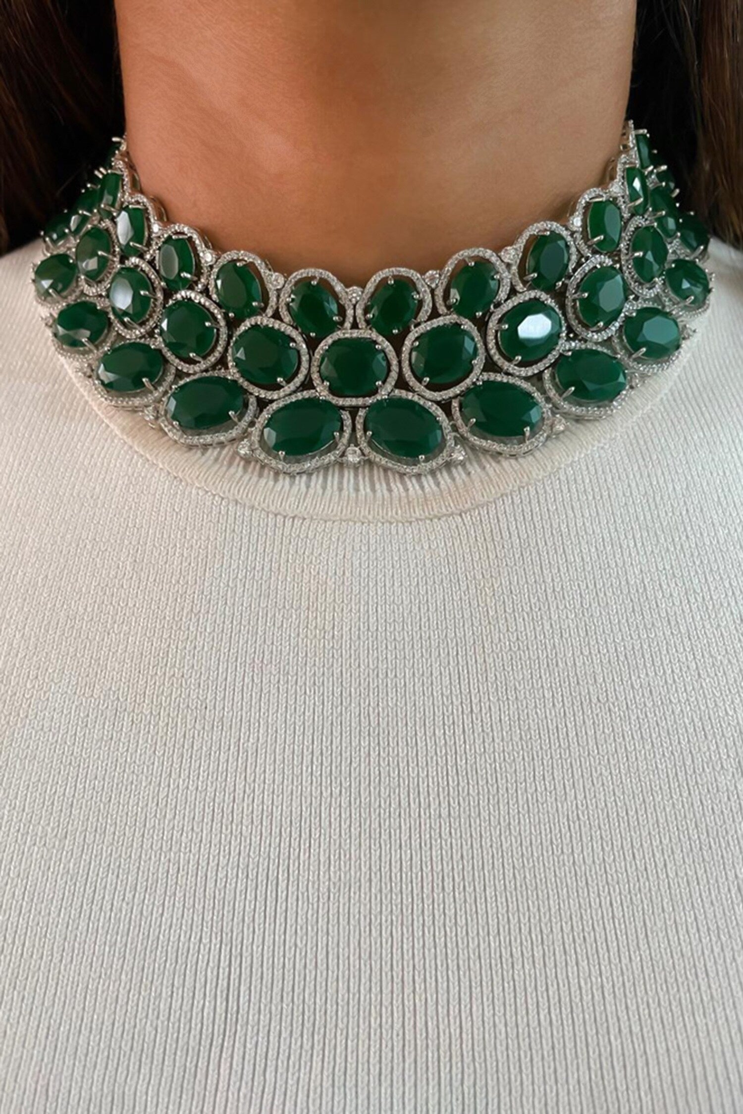 Three Layered Floret Emerald Stone Embellished Necklace Set 