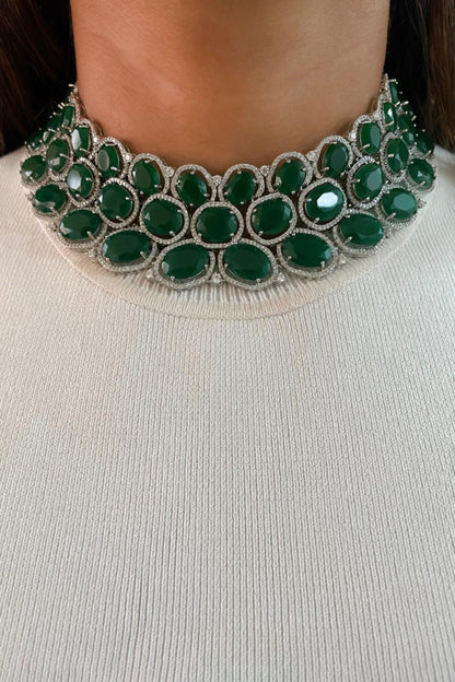Three Layered Floret Emerald Stone Embellished Necklace Set 