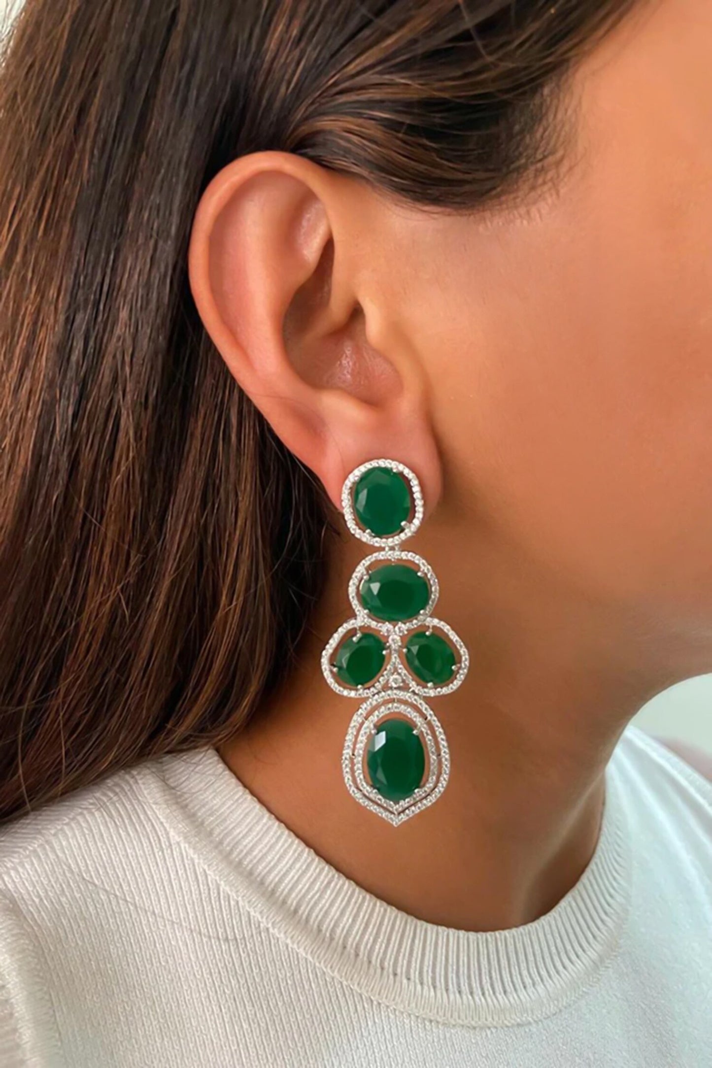 Three Layered Floret Emerald Stone Embellished Necklace Set 