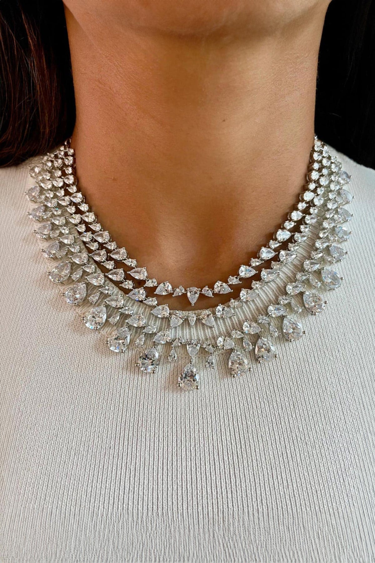 3 Layered Teardrop Diamond Necklace & Earring Set 
