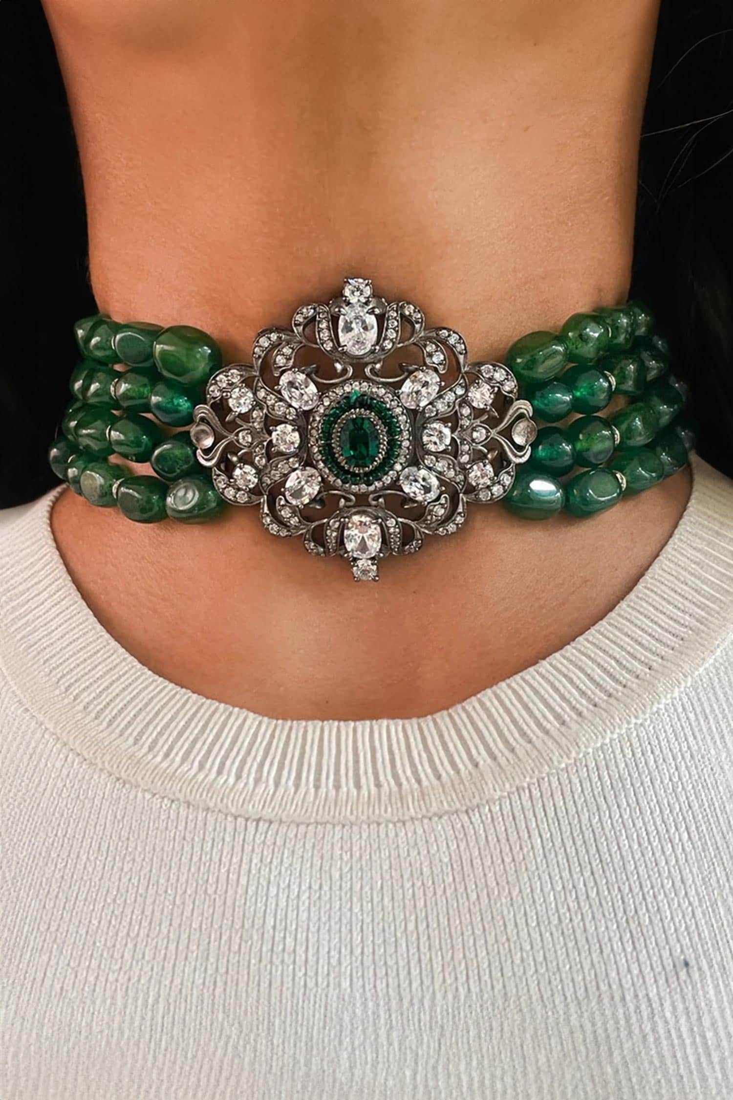 Grandeue Diamond & Emerald Stone Embellished Necklace Set 