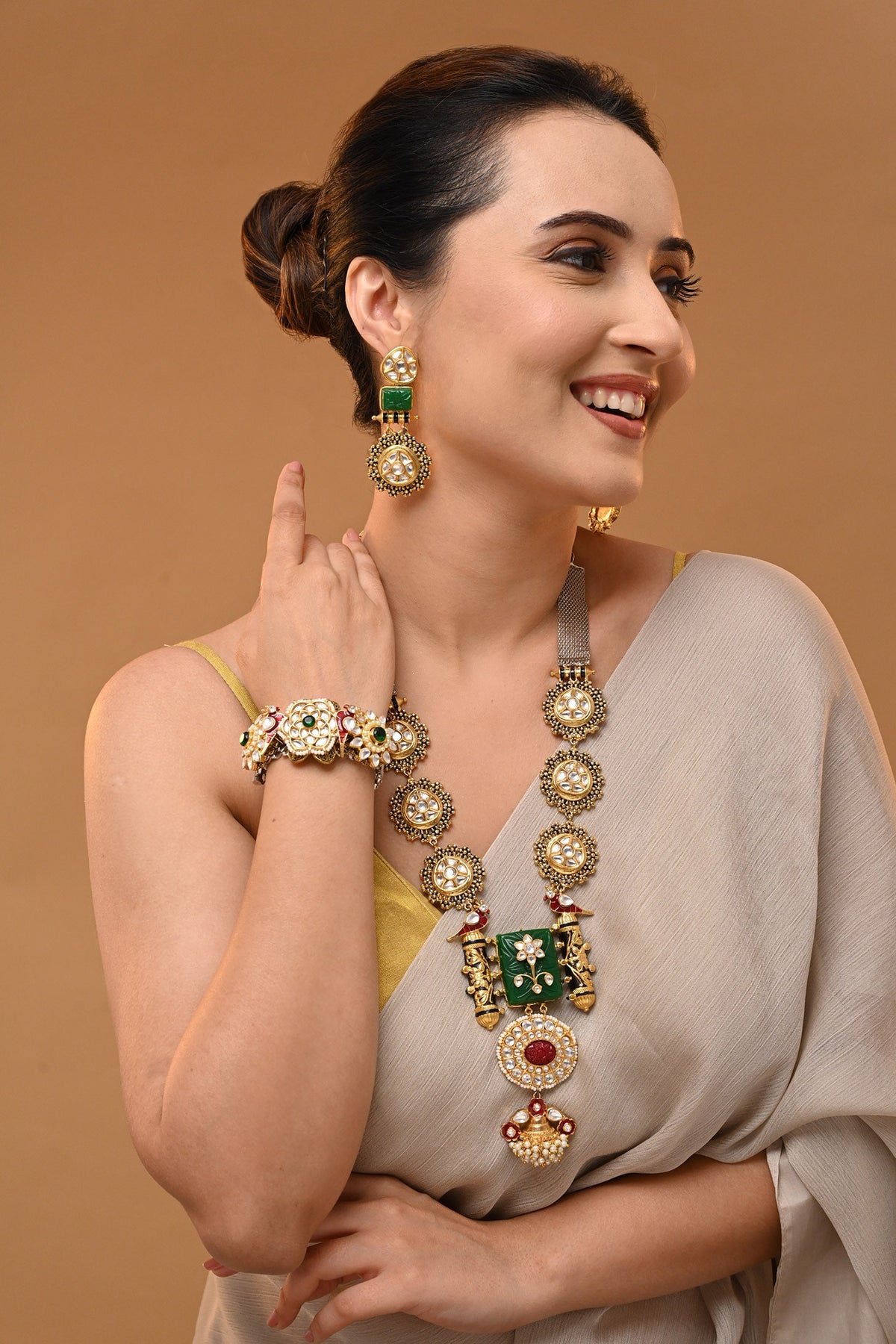 Carved Stone Embellished Long Necklace Set 