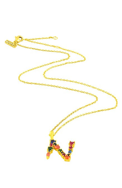Alphabet N Studded Gemstone Pendant Necklace 