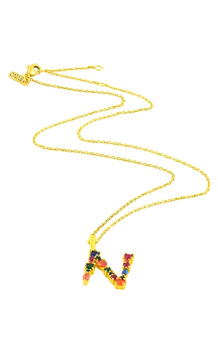 Alphabet N Studded Gemstone Pendant Necklace 