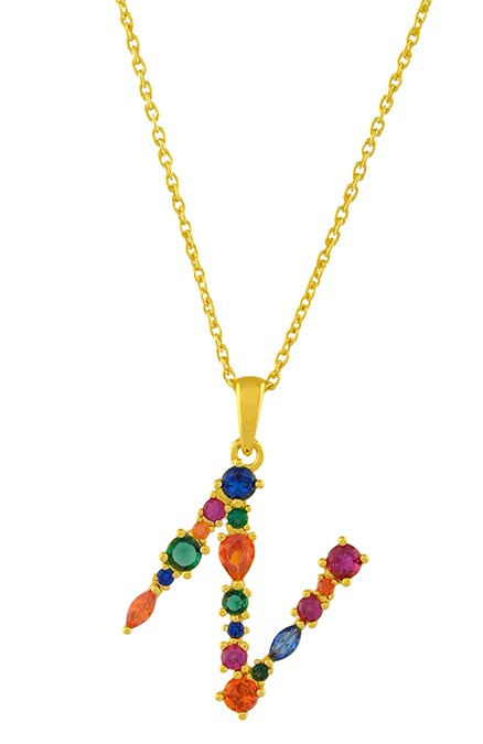 Alphabet N Studded Gemstone Pendant Necklace 