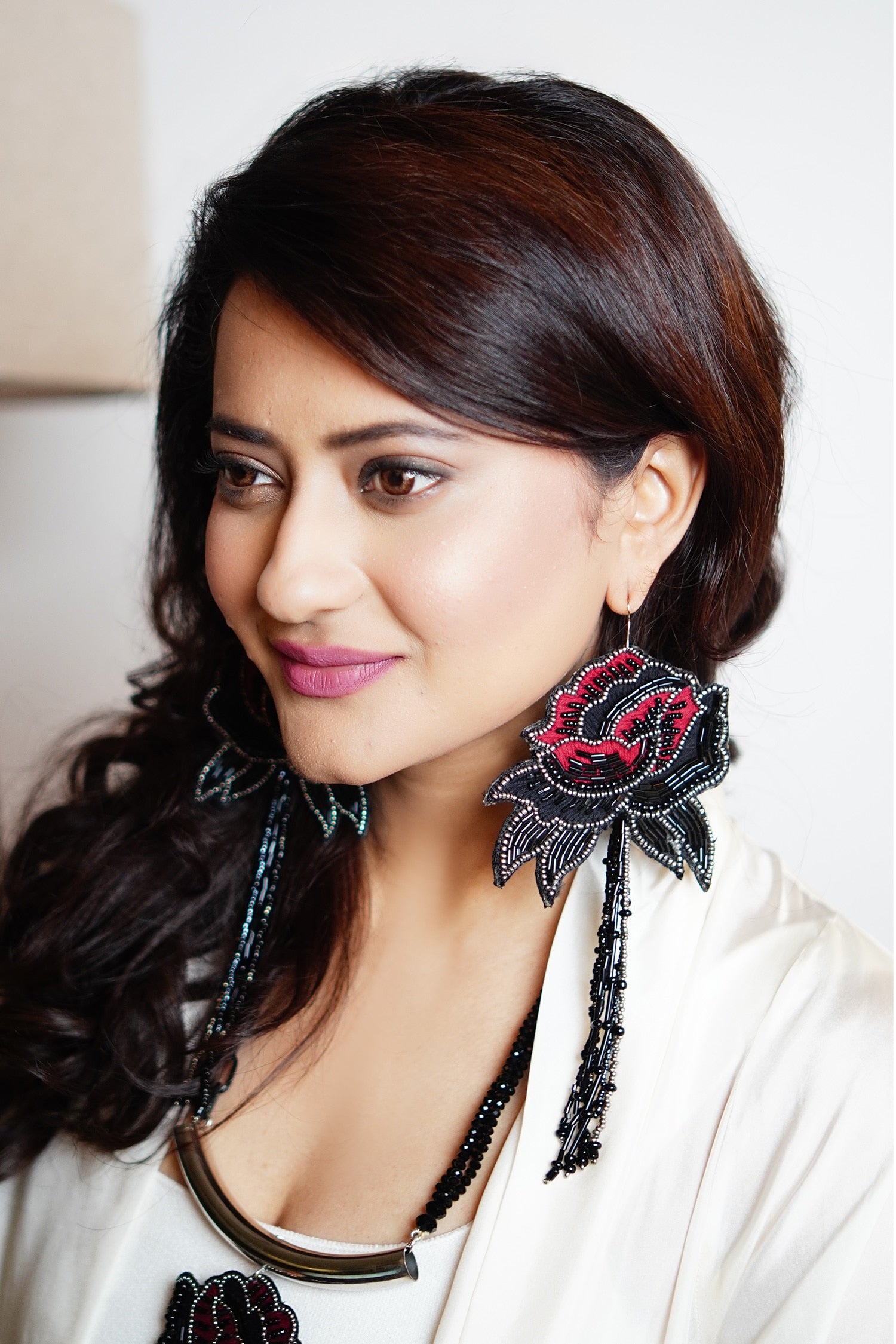 Hand Embroidered Petal Long Earrings 