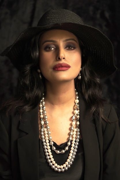 Diamond Ball & Layered Pearl Necklace 