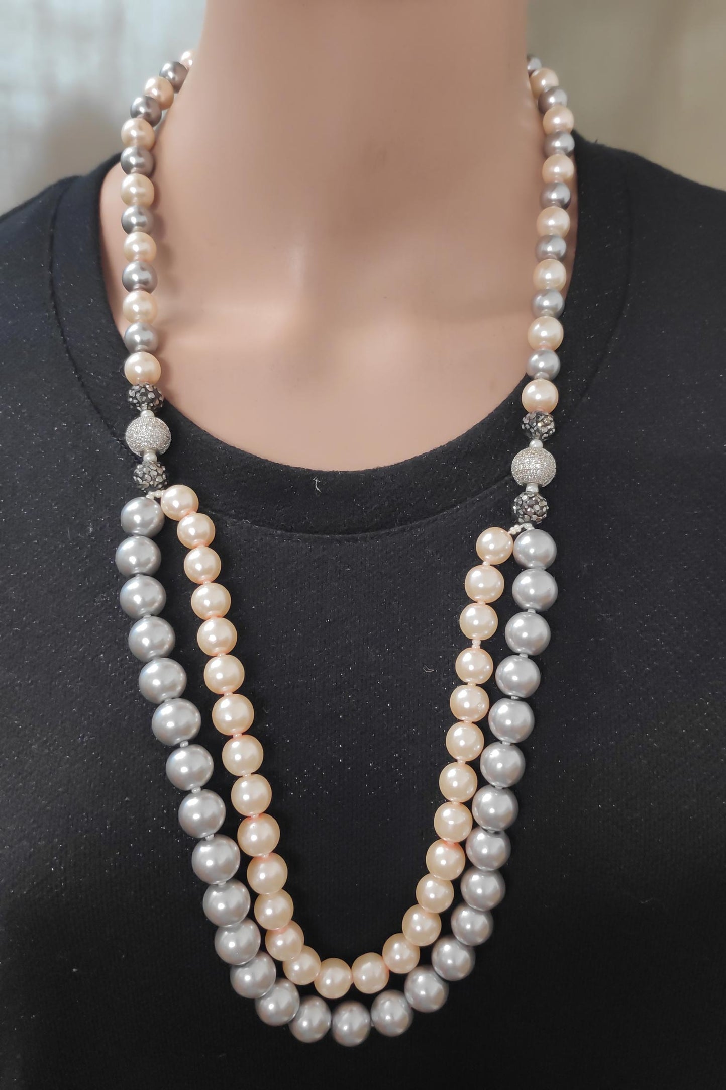Diamond Ball & Layered Pearl Necklace 