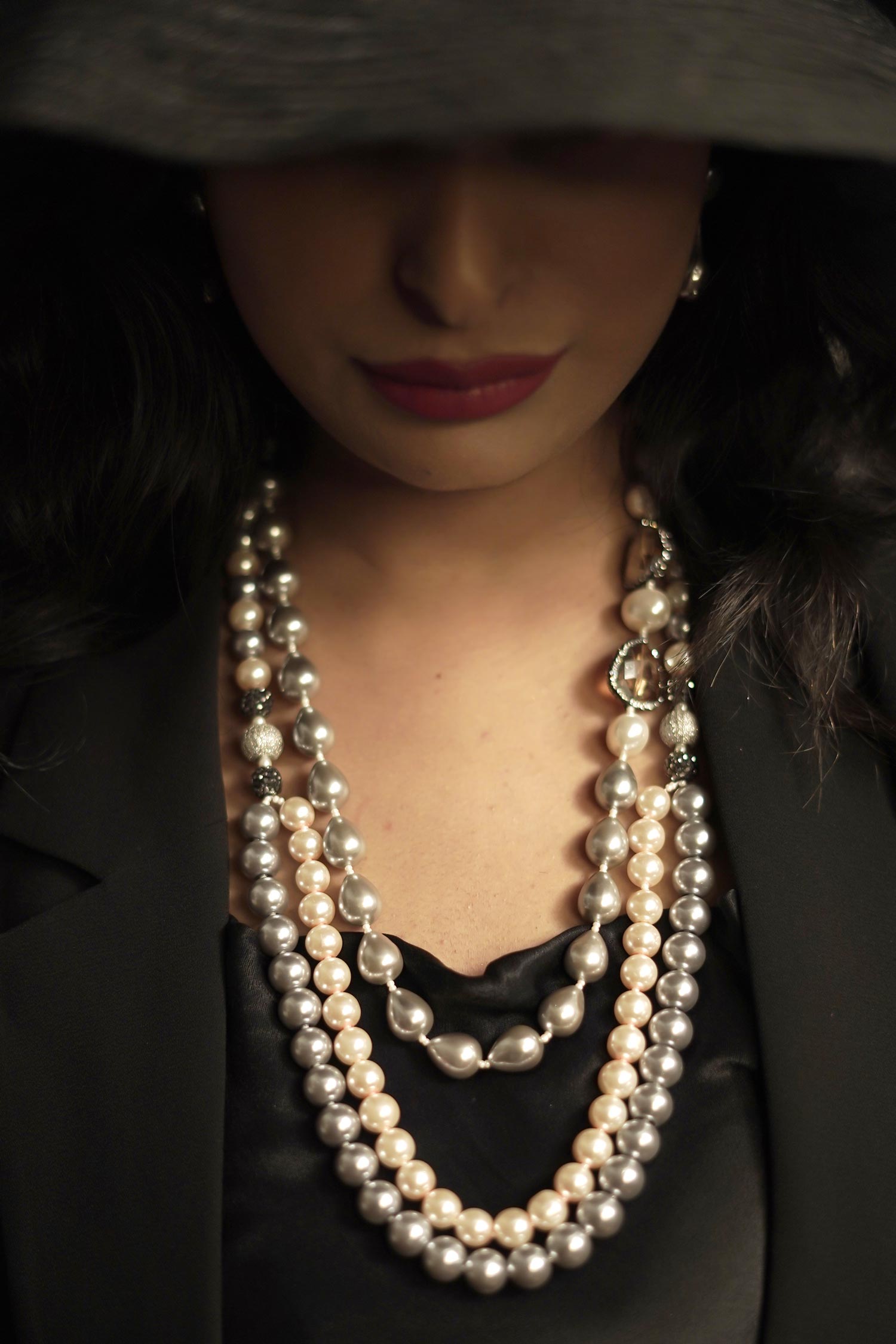 Diamond Ball & Layered Pearl Necklace 