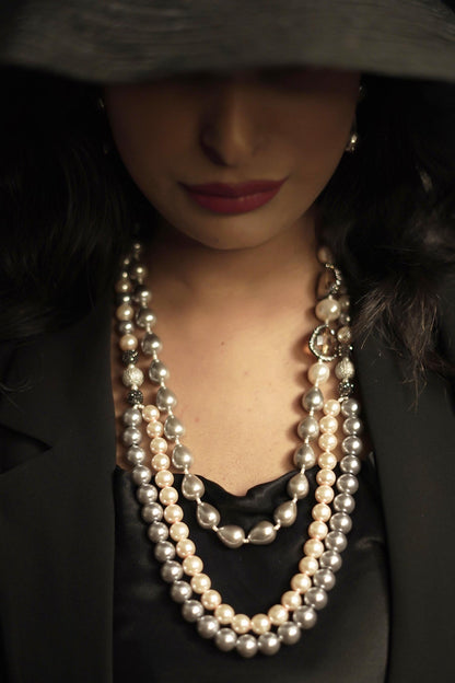 Diamond Ball & Layered Pearl Necklace 