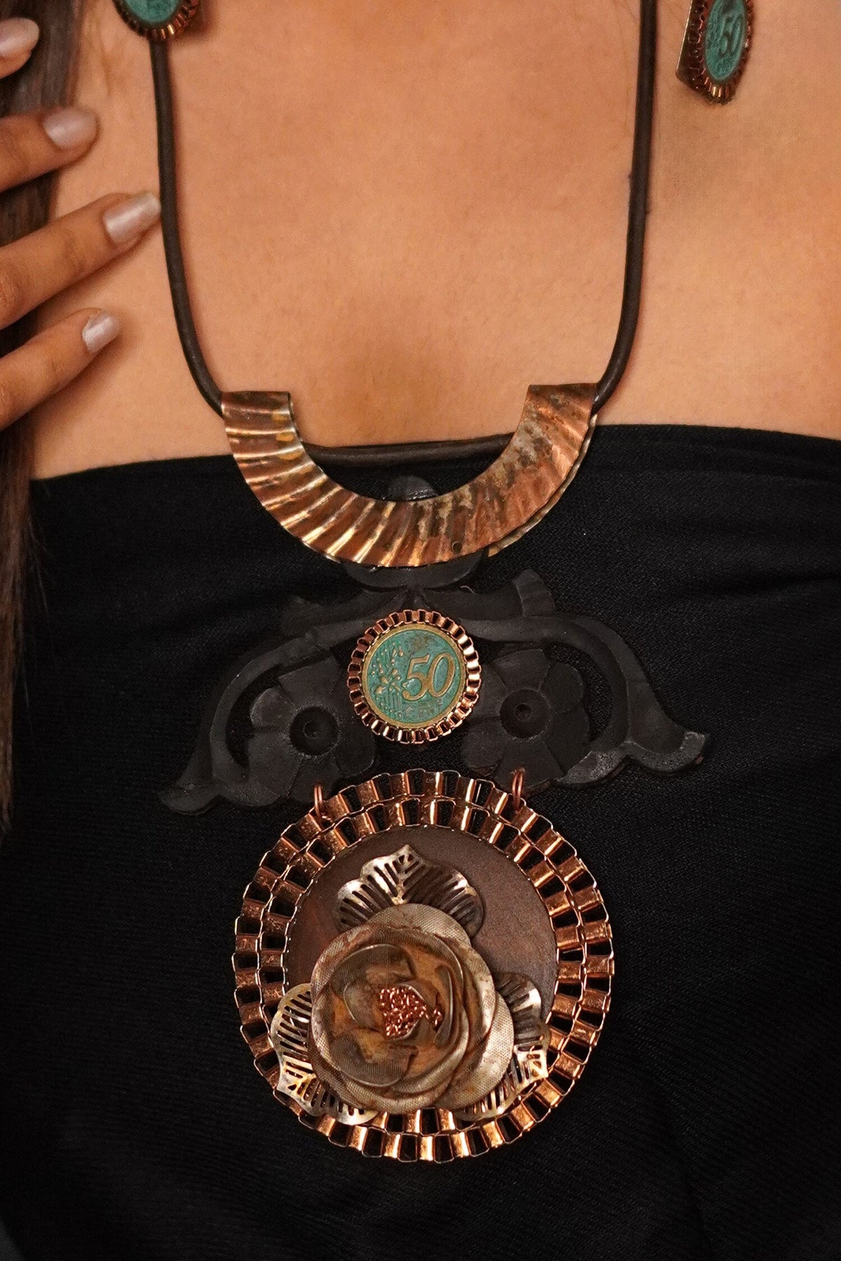 Rose On Wood Pendant Necklace 