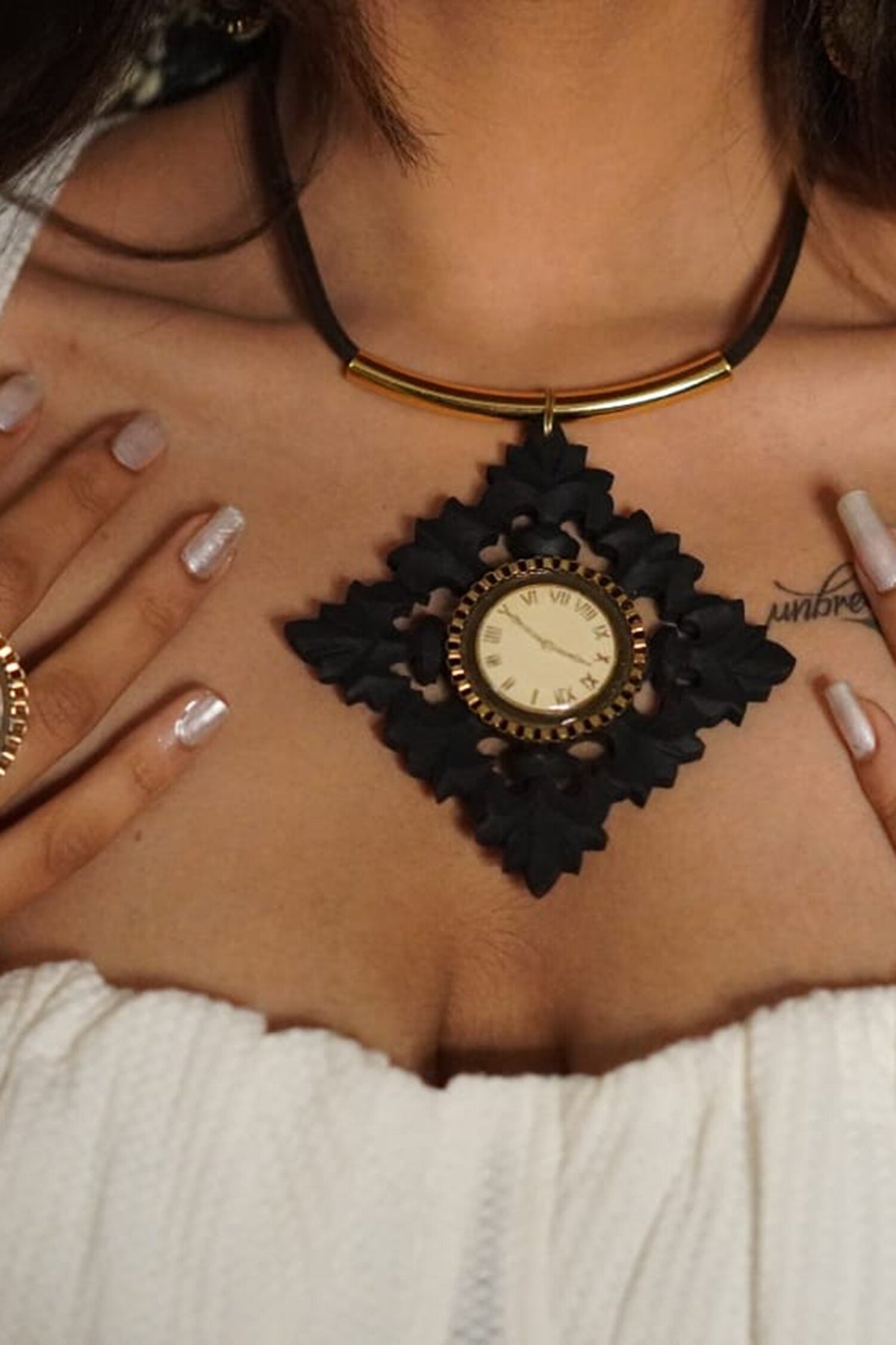 Clock On Wood Pendant Necklace 
