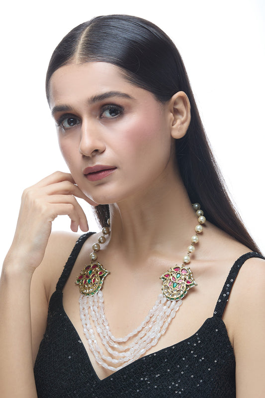 Gold Toned Layered Necklace With Pearl & Stones 