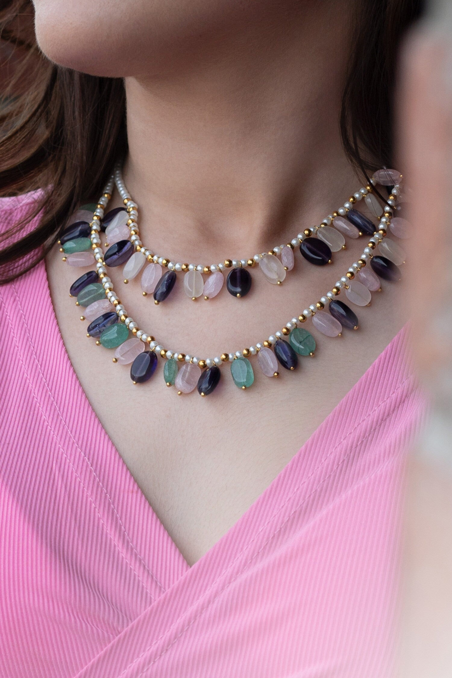 Natural Stone Embellished Layered Necklace 