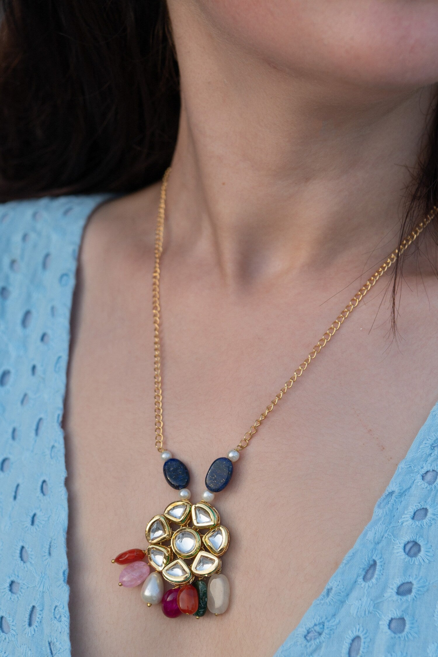 Kundan Floret Embellished Pendant Necklace 