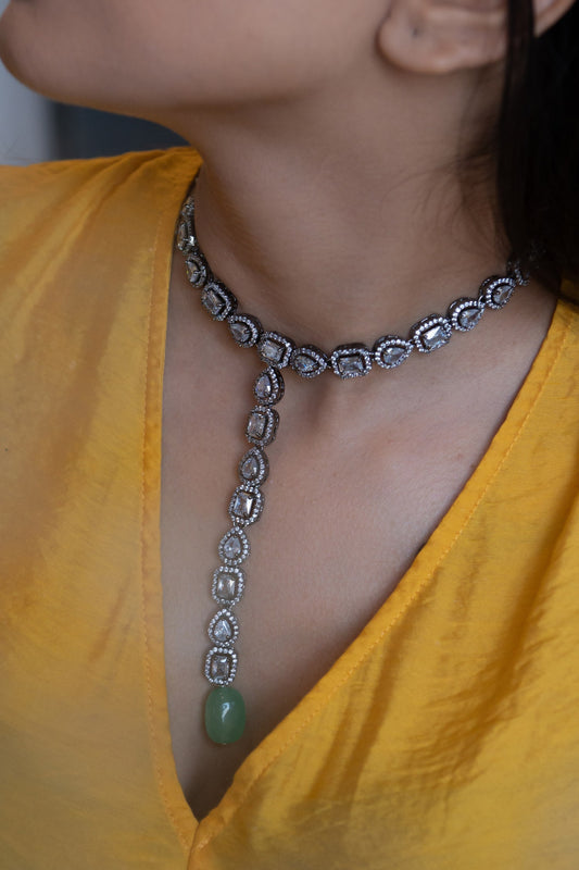 Faux Diamond & Natural Stone Embellished Necklace 