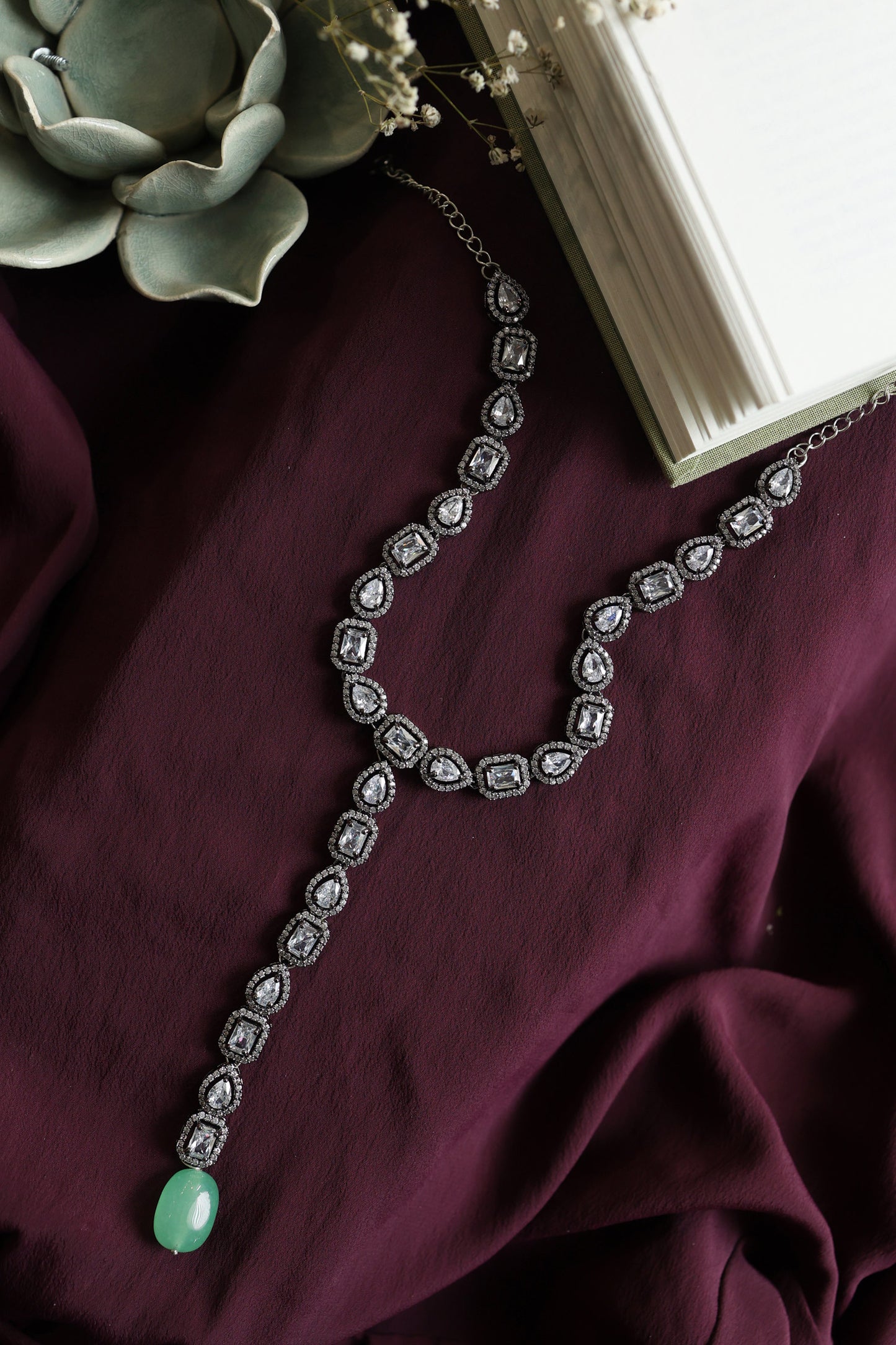 Faux Diamond & Natural Stone Embellished Necklace 