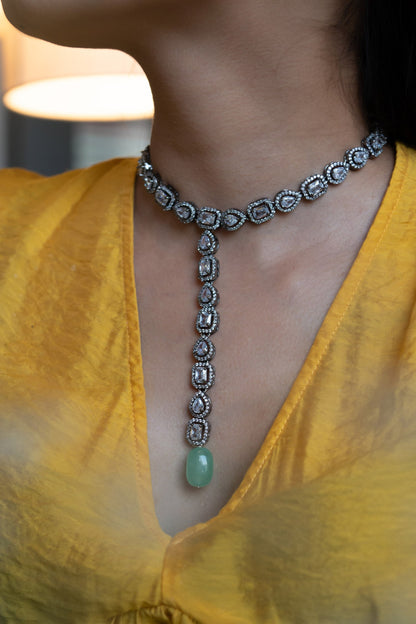 Faux Diamond & Natural Stone Embellished Necklace 