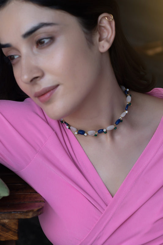 Lapis Lazuli & Fluorite Stone Embellished Choker Necklace 