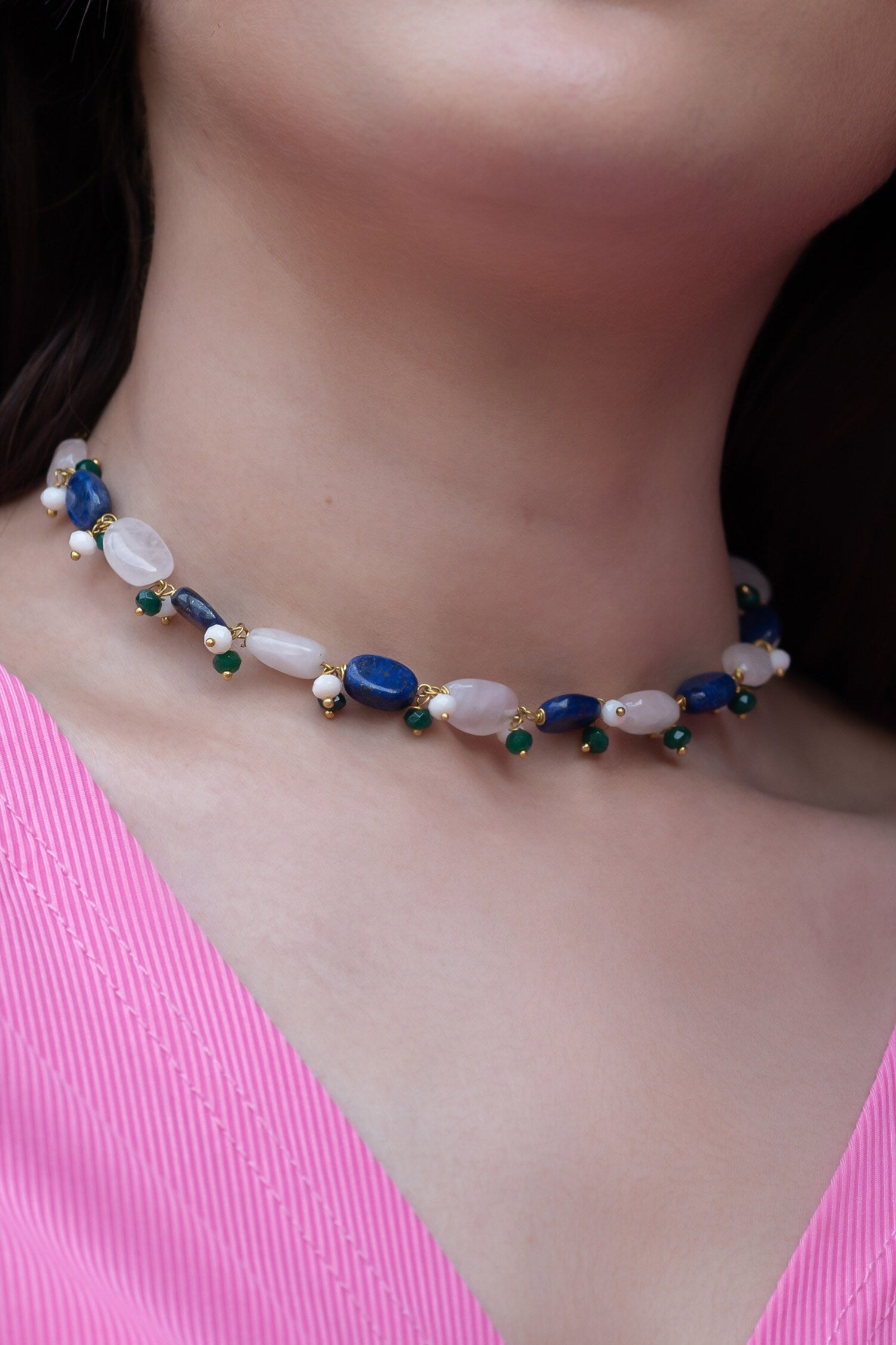 Lapis Lazuli & Fluorite Stone Embellished Choker Necklace 