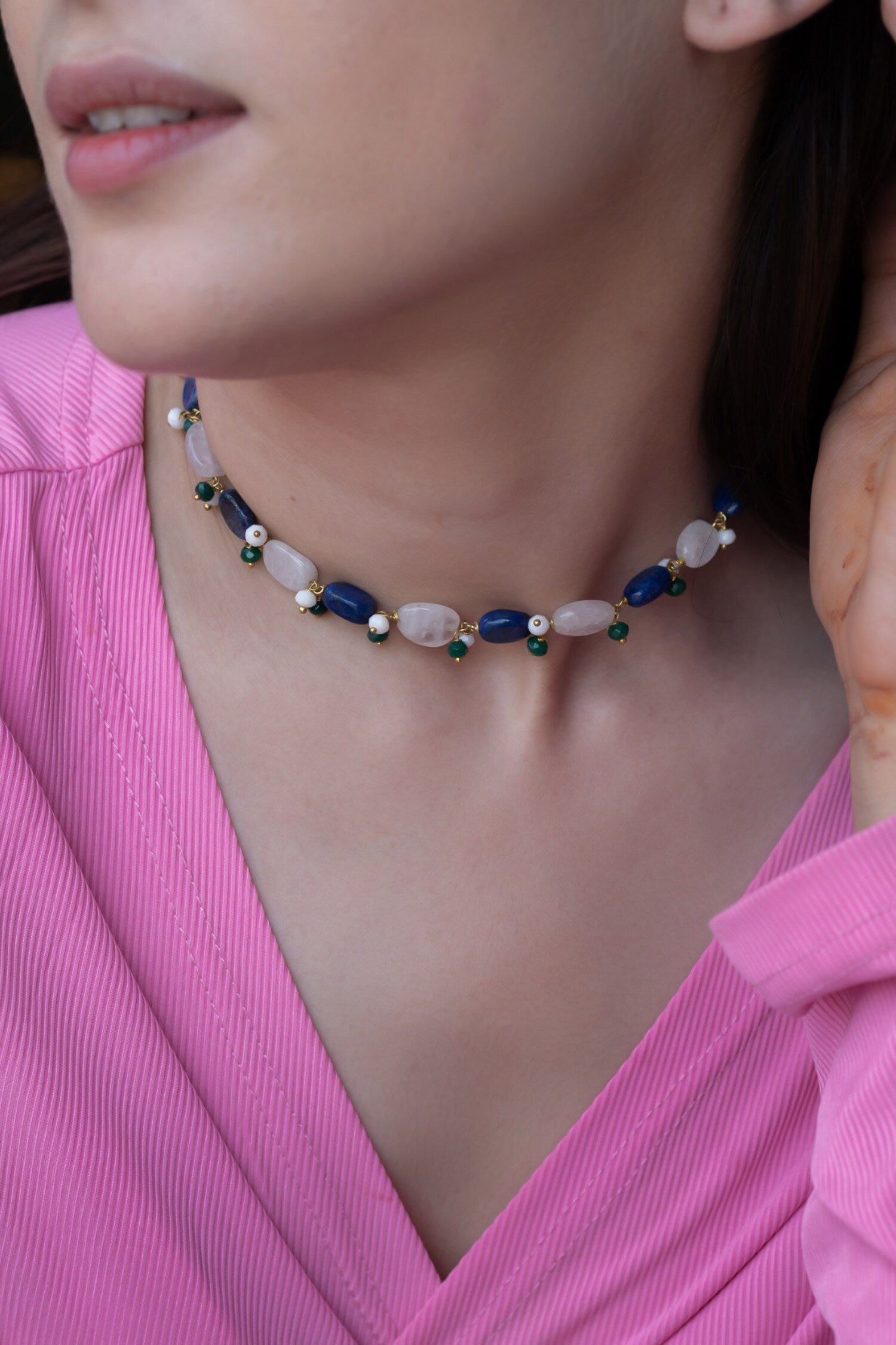 Lapis Lazuli & Fluorite Stone Embellished Choker Necklace 