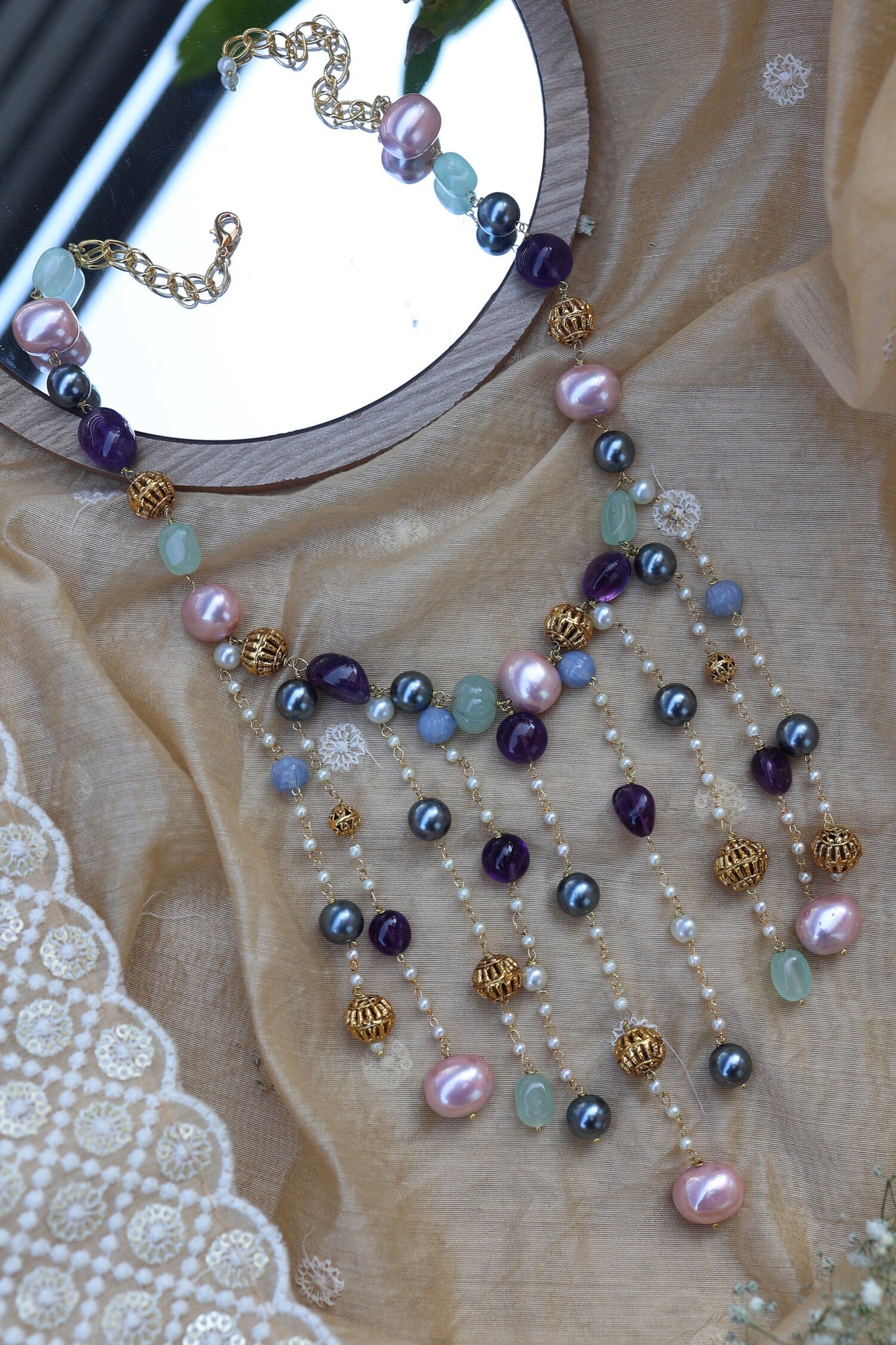 Shell Pearls Embellished Choker Necklace 