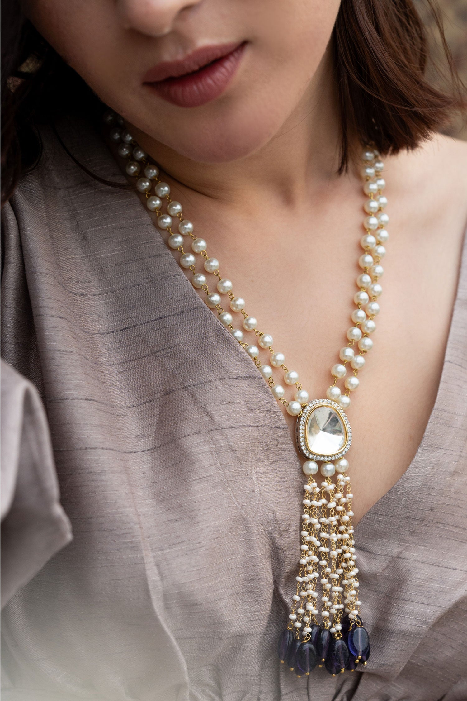 Shell Pearls Embellished Long Pendant Necklace 