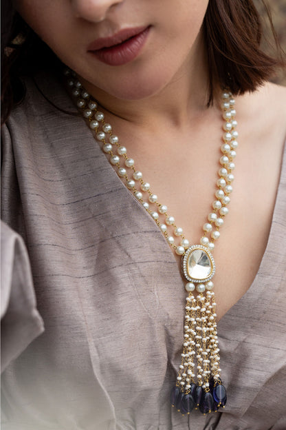 Shell Pearls Embellished Long Pendant Necklace 