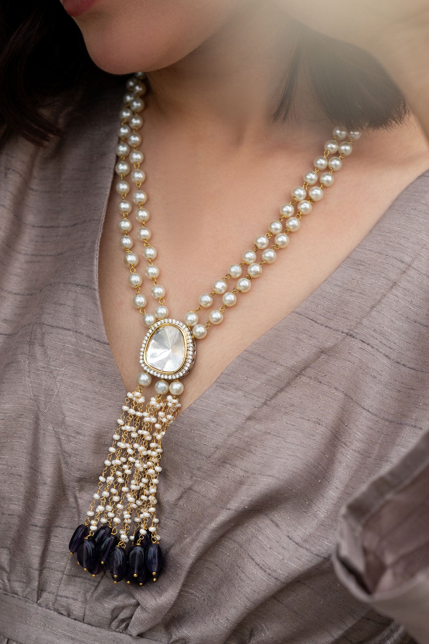 Shell Pearls Embellished Long Pendant Necklace 