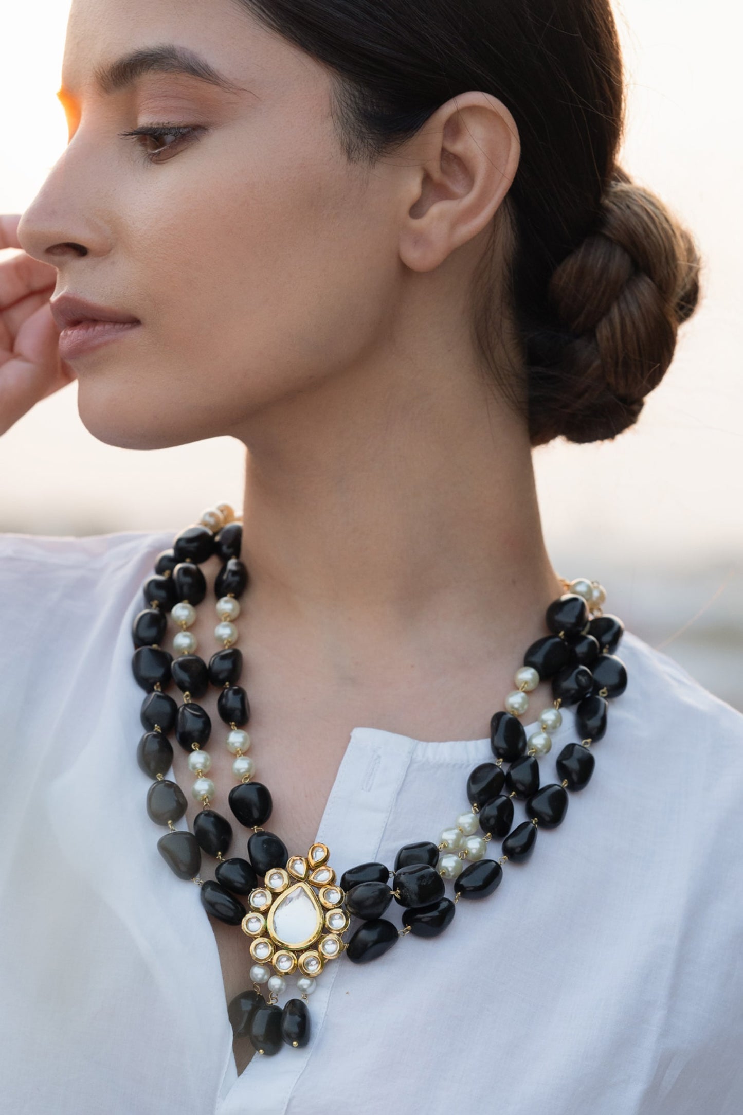 Natural Stone Embellished Layered Pendant Necklace 