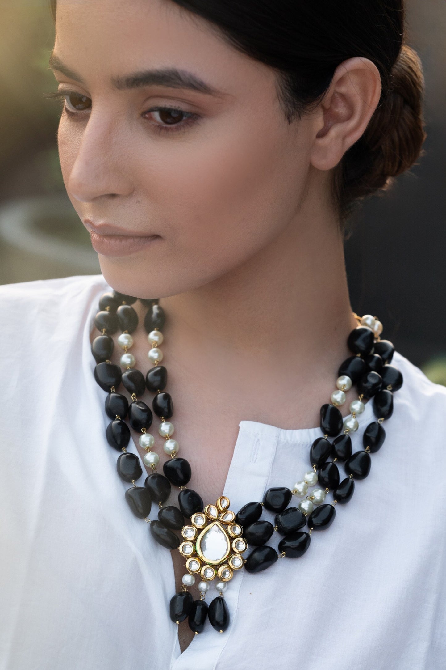 Natural Stone Embellished Layered Pendant Necklace 