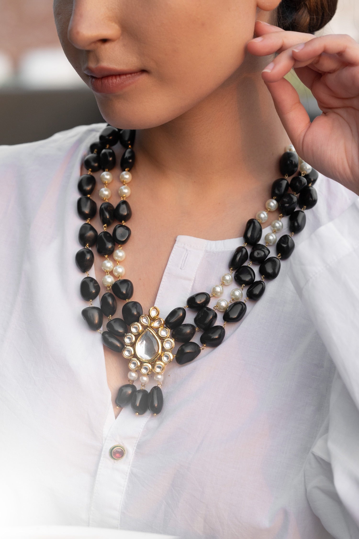 Natural Stone Embellished Layered Pendant Necklace 