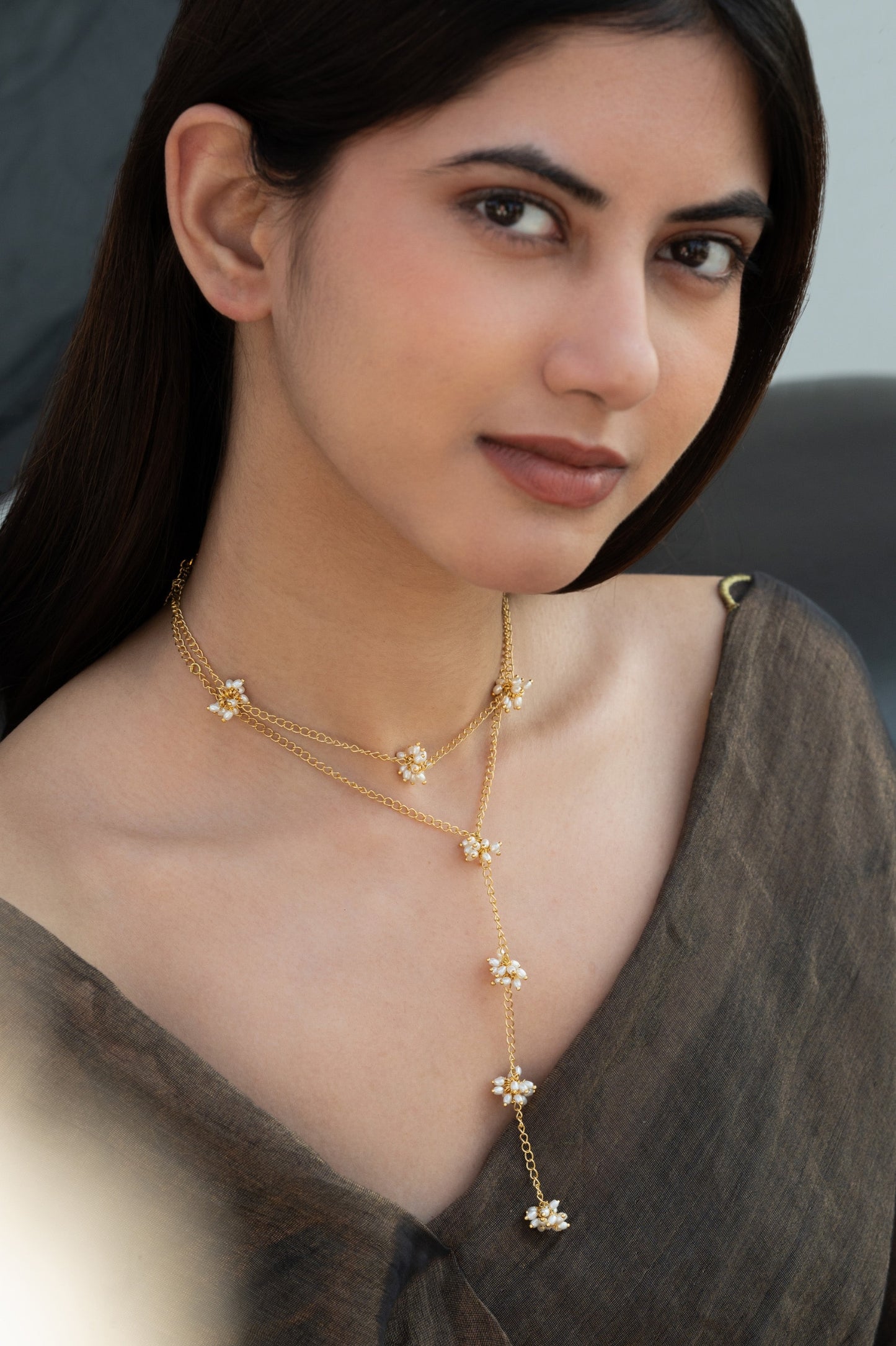 Shell Pearl Layered Lariat Necklace 