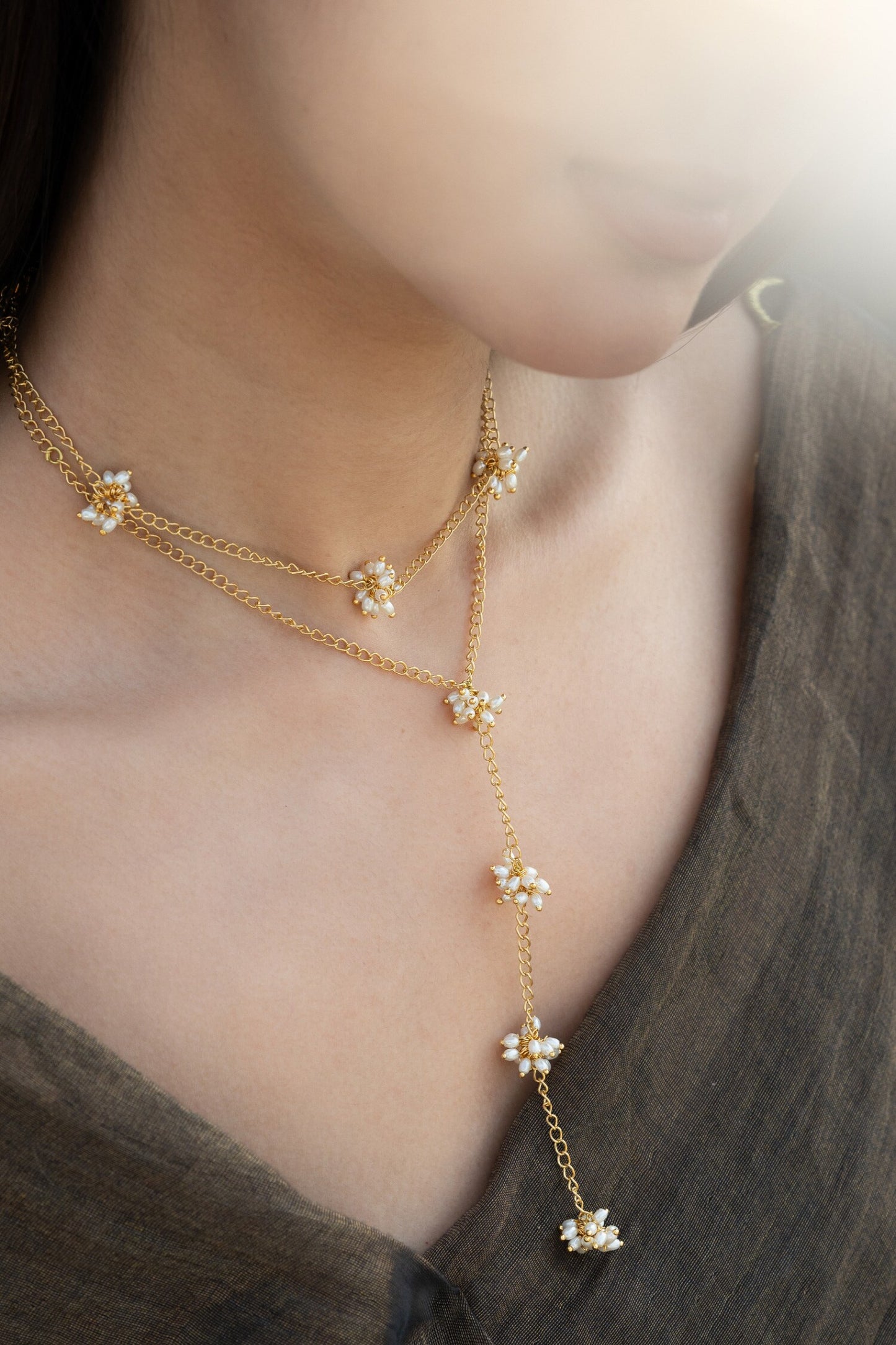 Shell Pearl Layered Lariat Necklace 